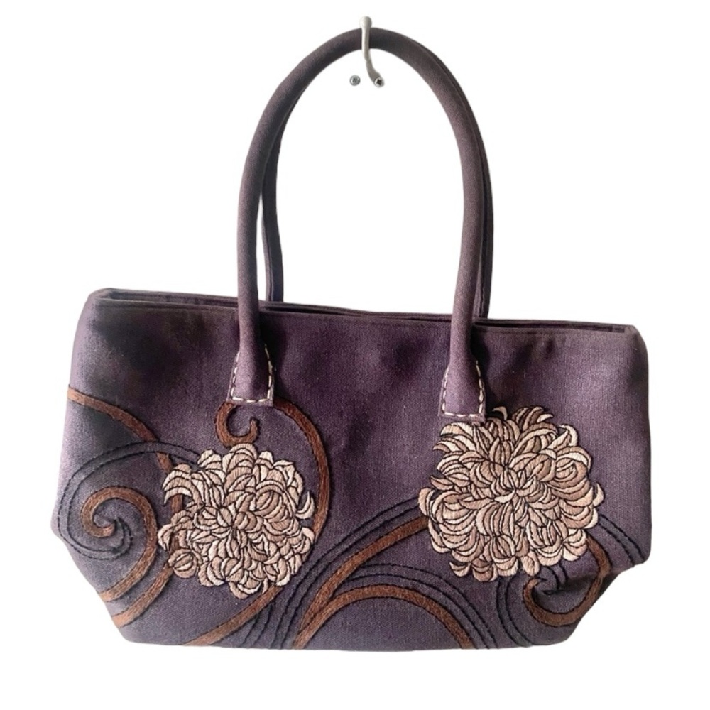 DV Collection Purple Double Handle Embroidered Lotus Flower Tote Purse